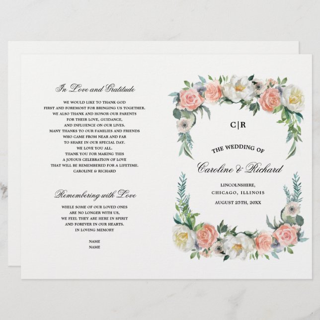  Blush Pink Ivory Floral Wedding Prigram (Front/Back)