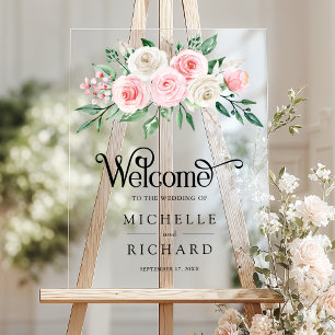 Blush Pink Ivory Floral Wedding Welcome Acrylic Sign