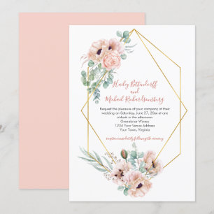 Blush Pink Ivory Poppies Greenery Gold Geometric Invitation