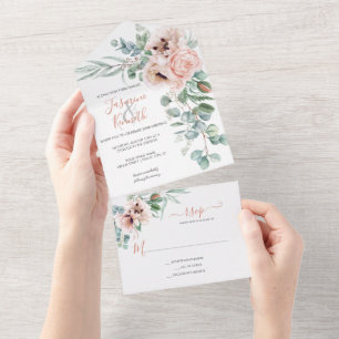 Blush Pink & Ivory Watercolor Floral Wedding  All In One Invitation