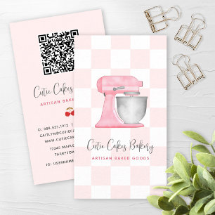 Blush Pink Kitchen Mixer Chequered QR Code Bakery Business Card