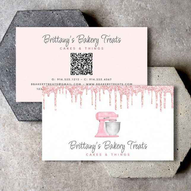 Blush Pink Kitchen Mixer Glitter Bakery QR Code Business Card (Creator Uploaded)