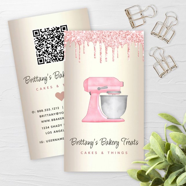 Blush Pink Kitchen Mixer Glitter Drip QR Code Gold Business Card (Creator Uploaded)
