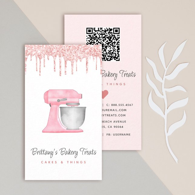 Blush Pink Kitchen Mixer Glitter Drips QR Code Business Card (Creator Uploaded)