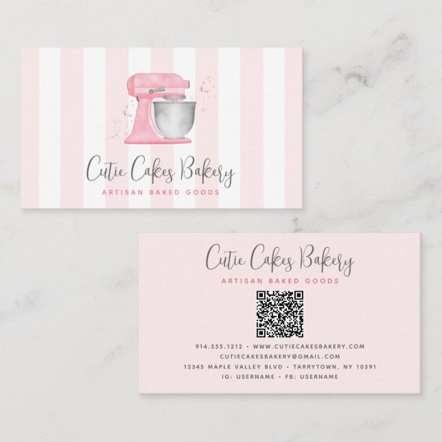Blush Pink Kitchen Mixer QR Code Stripes Bakery Business Card (Front/Back)