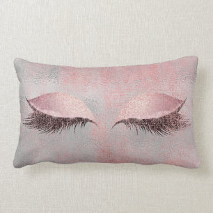 Blush Pink Lashes Glass Glitter Silver Grey Makeup Lumbar Pillow