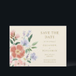 Blush Pink Lavender Watercolor Chic Floral Wedding Save The Date<br><div class="desc">This save the date features a lush watercolor floral arrangement of blush pink peonies, soft lavender blooms, and green botanical foliage on a warm ivory background, with customizable names, date, and location in an elegant ochre serif font. The romantic, garden-abundance design is perfect for a spring or summer wedding with...</div>