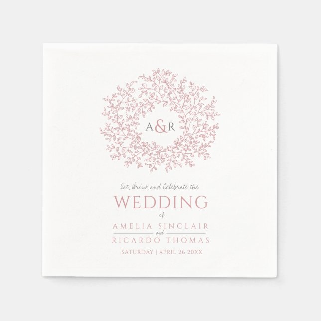 Blush pink leaf circle monogram art wedding custom napkin (Front)