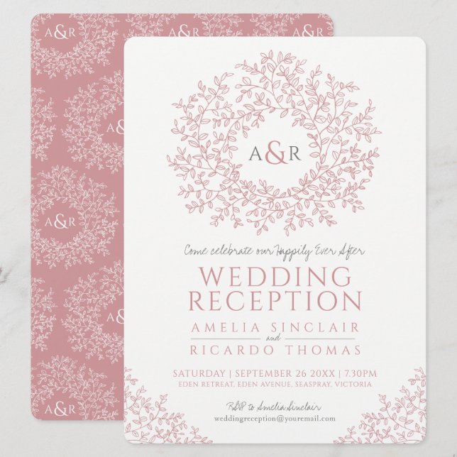 Blush pink leaf monogram art wedding reception invitation (Front/Back)