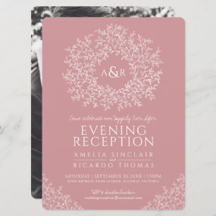 Blush pink leaf monogram wedding reception photo invitation