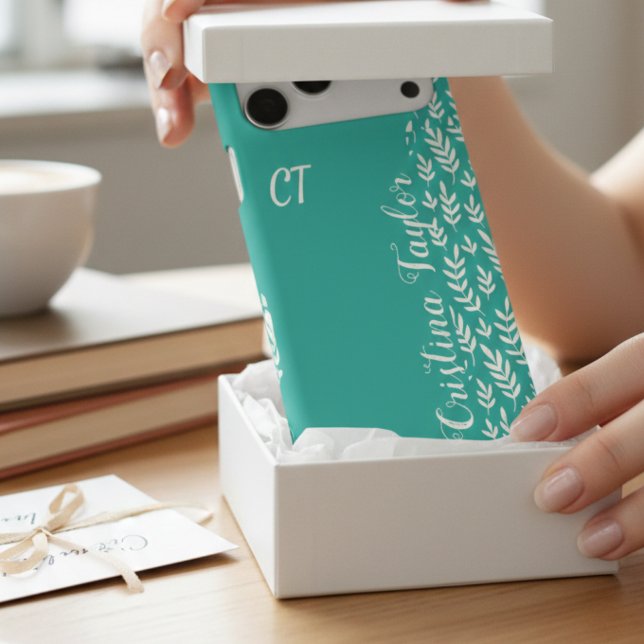 Blush pink Leaf pattern on teal monogrammed (Creator Uploaded)