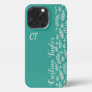 Blush pink Leaf pattern on teal monogrammed iPhone 13 Pro Case
