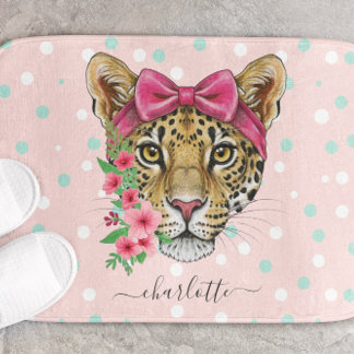 Blush Pink Leopard Face Bow Tie Dots Custom Name Bath Mat