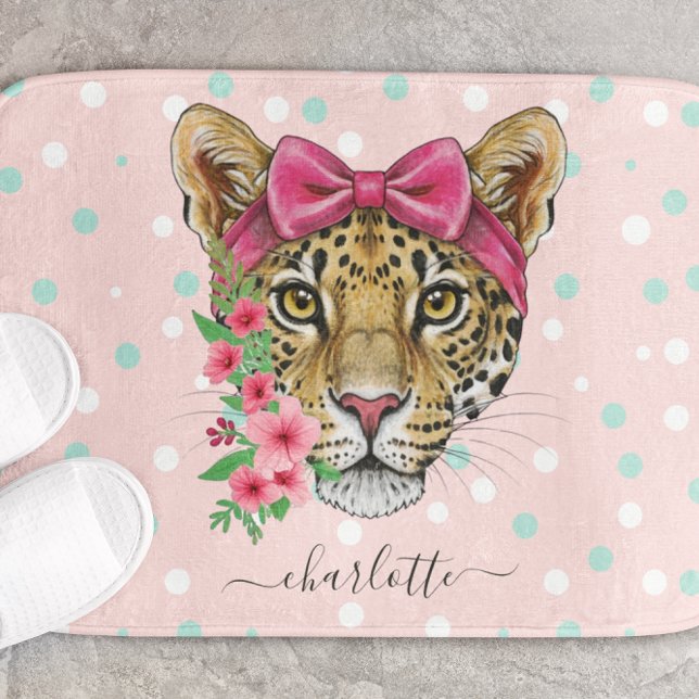 Blush Pink Leopard Face Bow Tie Dots Custom Name Bath Mat (Creator Uploaded)