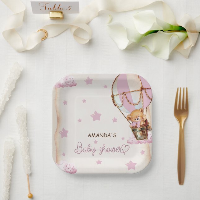 Blush Pink Light Brown Bear Balloons Baby Shower Paper Plate (Wedding)