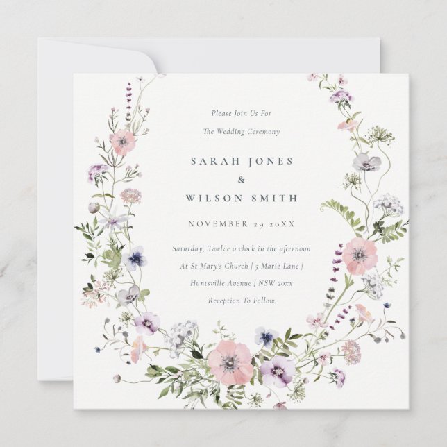 Blush Pink Lilac Wildflower Wreath Wedding Invite (Front)