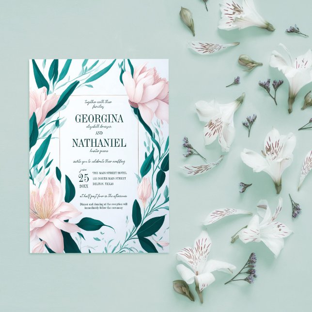 Blush Pink Lilies Emerald Leaves Spring Wedding Invitation (Creator Uploaded)