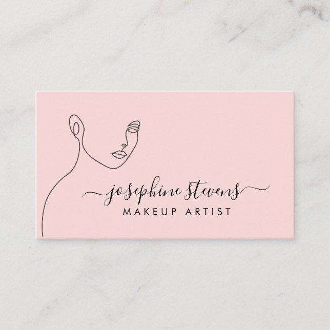 Blush Pink Line Art Logo Makeup Artist Business Card (Front)