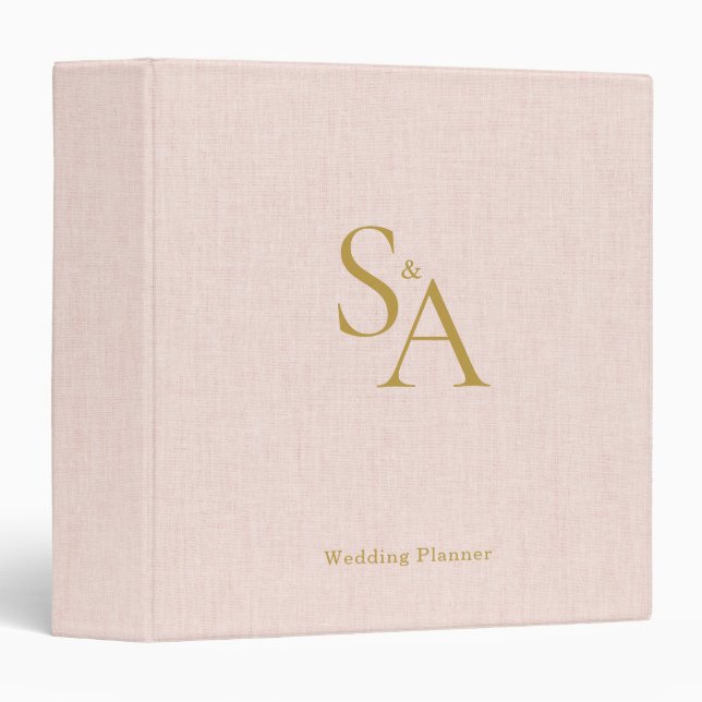 Blush Pink Linen Gold Monogram Wedding Planner Binder (Front/Spine)