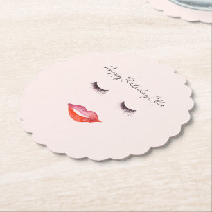 Blush Pink Lips and Eyelashes Birthday Paper Coaster