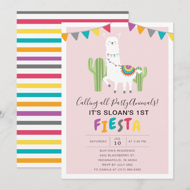 Blush Pink Llama Fiesta Birthday Party Invitation (Front/Back)