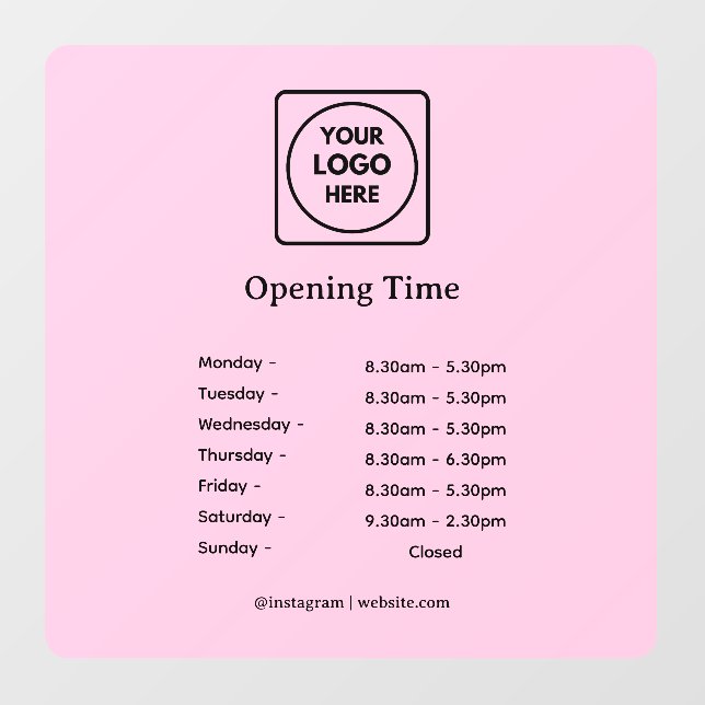 Blush Pink Logo | Custom Business Hours Display Window Cling (Sheet)