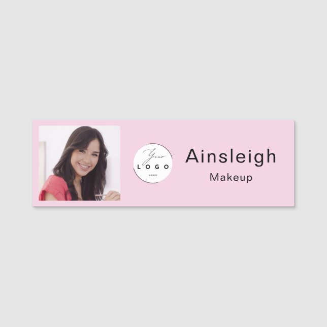 Blush Pink Logo Photo Makeup Name Tag (Front)