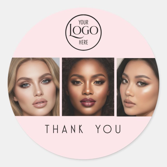 Blush Pink Logo Photo Makeup Thank You Classic Round Sticker (Front)
