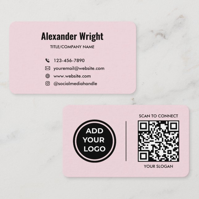 Blush Pink Logo Scan Code Contact Business Card  (Front/Back)
