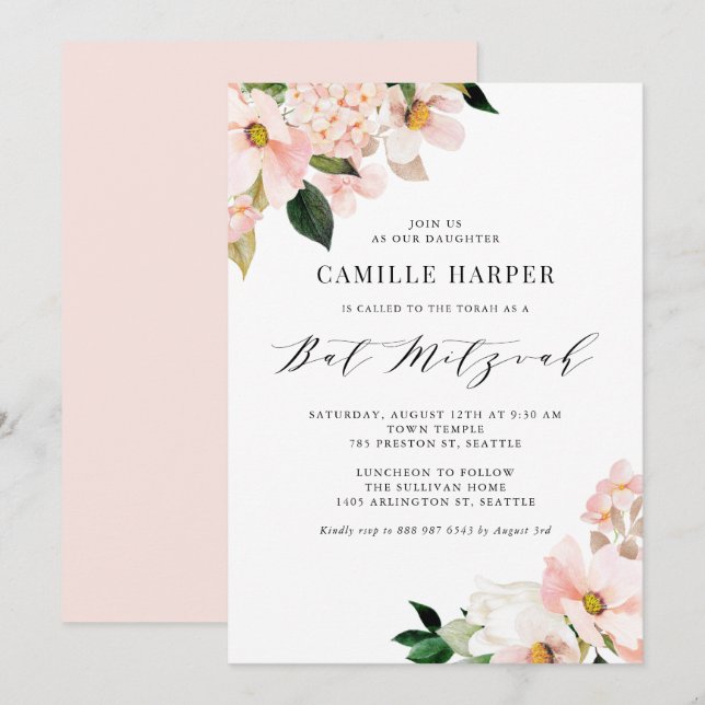 Blush Pink Magnolia and Hydrangea Bat Mitzvah Invitation (Front/Back)