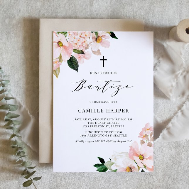 Blush Pink Magnolia and Hydrangea Bautizo Invitation (Creator Uploaded)