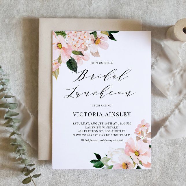 Blush Pink Magnolia and Hydrangea Bridal Luncheon Invitation (Creator Uploaded)