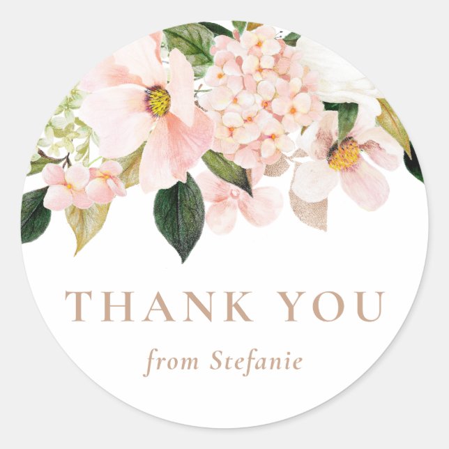 Blush Pink Magnolia and Hydrangea Thank You Classic Round Sticker (Front)