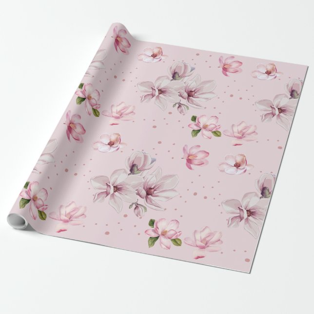 Blush Pink Magnolia Floral Watercolor Gift Wrapping Paper (Unrolled)
