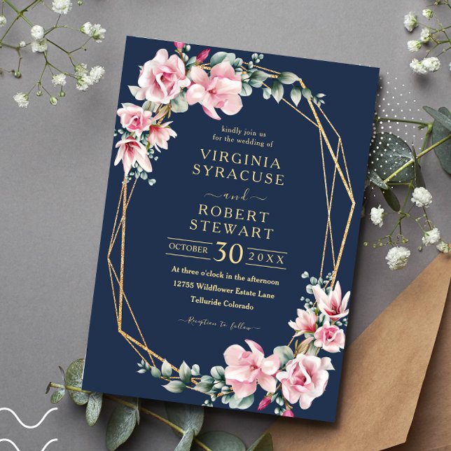 Blush Pink Magnolia Geometric Blue Navy Wedding Invitation (Creator Uploaded)