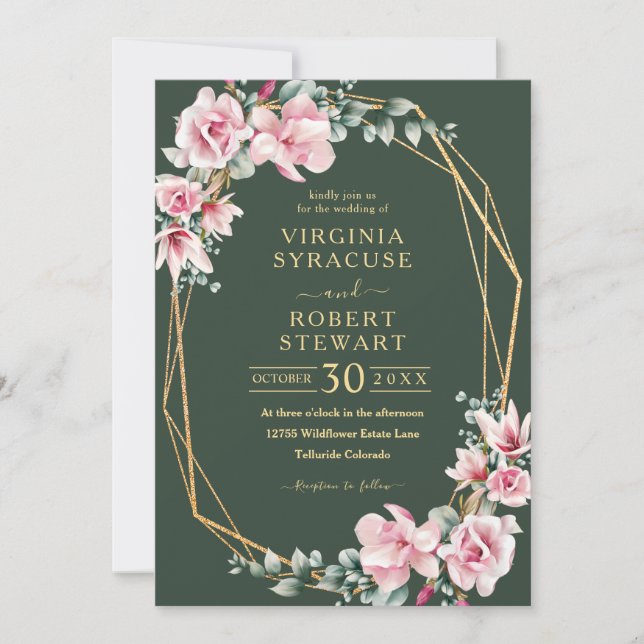 Blush Pink Magnolia Geometric Green Wedding Invitation (Front)