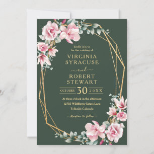 Blush Pink Magnolia Geometric Green Wedding Invitation