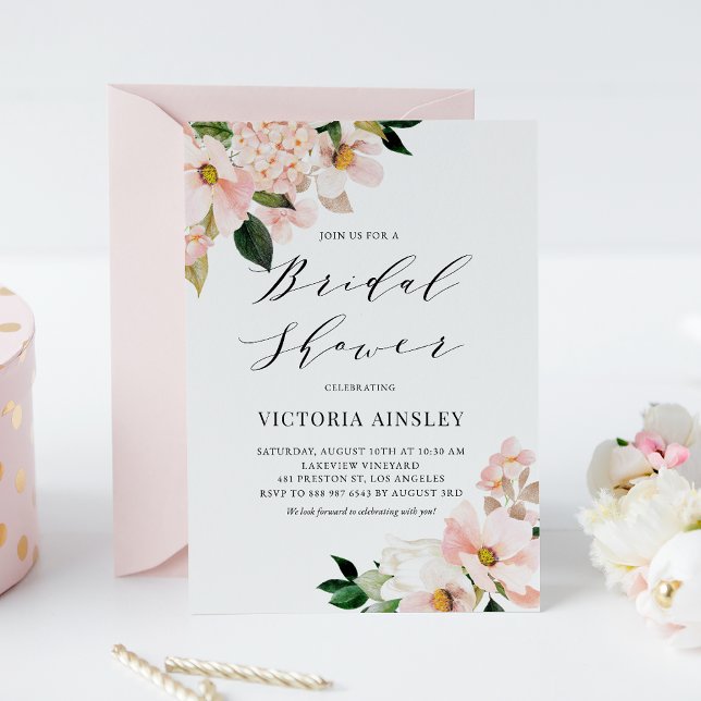 Blush Pink Magnolias and Hydrangeas Bridal Shower Invitation (Creator Uploaded)