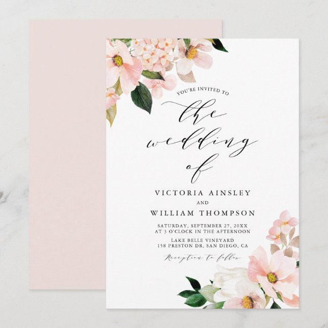 Blush Pink Magnolias and Hydrangeas Wedding Invitation (Front/Back)