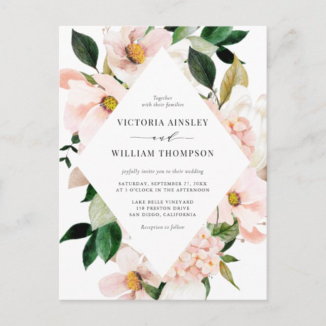 Blush Pink Magnolias and Hydrangeas Wedding Invitation Postcard (Front)