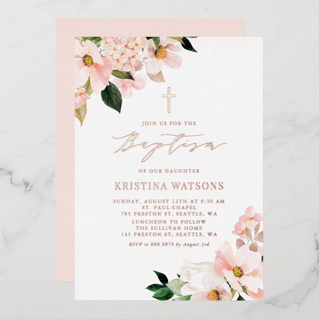 Blush Pink Magnolias Hydrangeas Rose Gold Baptism (Front/Back)