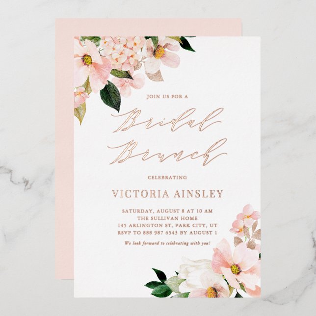 Blush Pink Magnolias Rose Gold Foil Bridal Brunch (Front/Back)