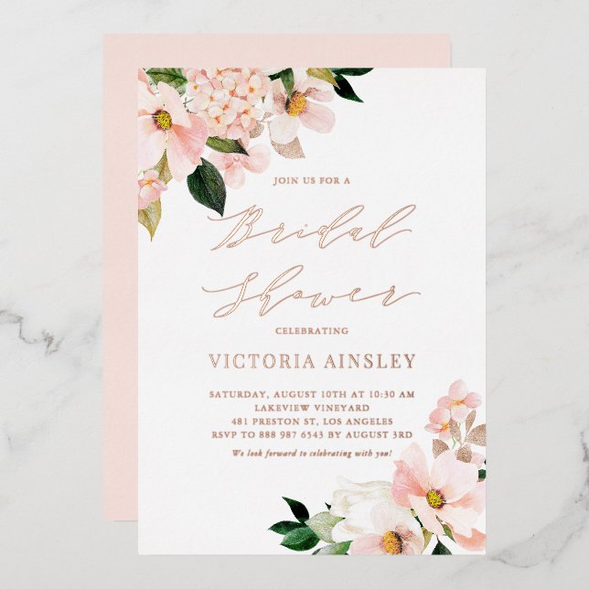 Blush Pink Magnolias Rose Gold Foil Bridal Shower (Front/Back)
