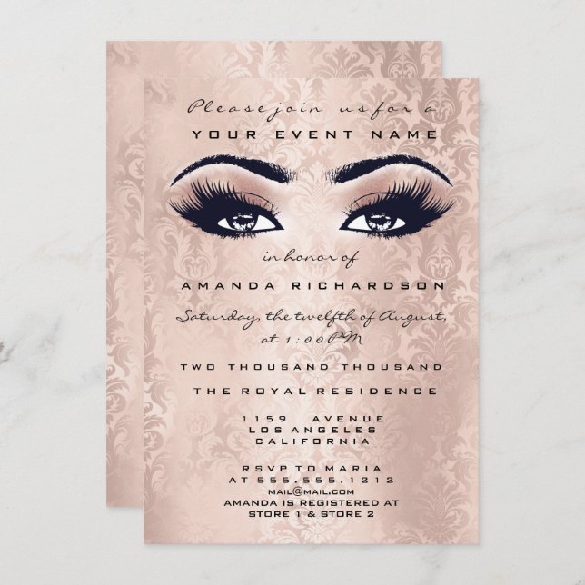 Blush Pink Makeup Glitter Eyes 16th Bridal Damask Invitation (Front/Back)