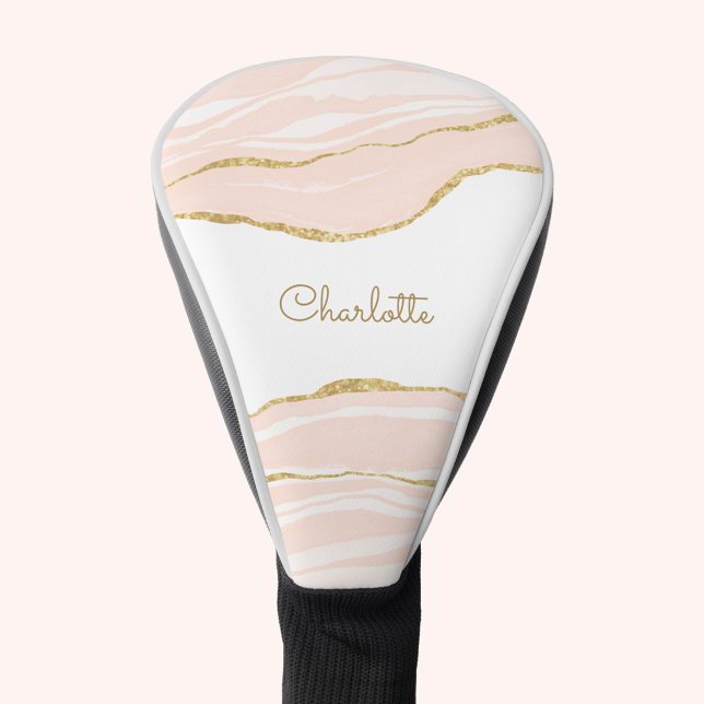 Blush Pink Marble Agate Gold Glitter Personalized Golf Head Cover (Pink watercolor marble agate personalized name golf head cover)