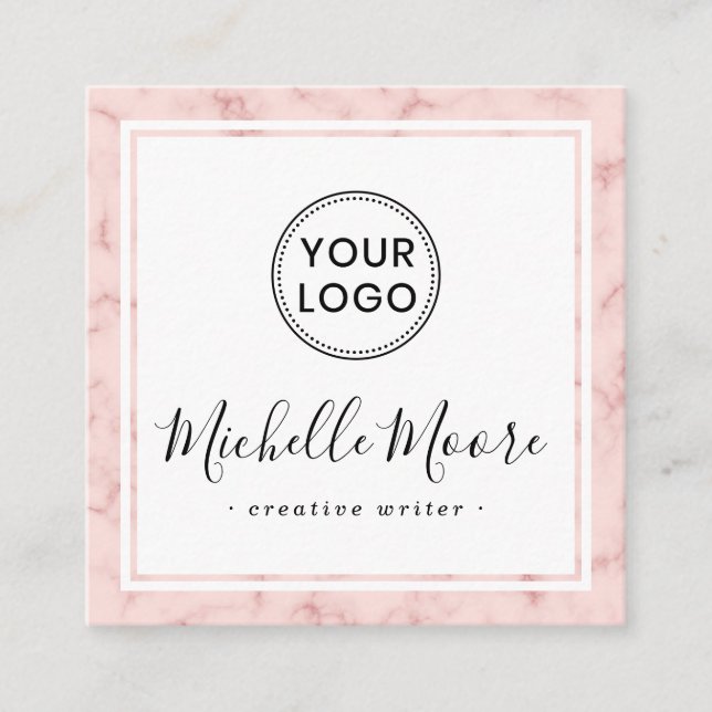 Blush pink marble border custom logo elegant square business card (Front)