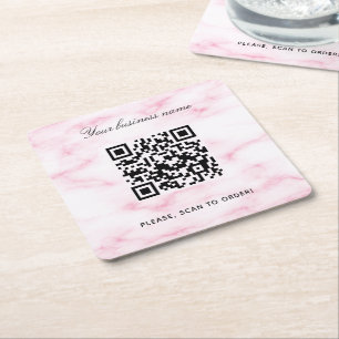 Blush pink marble business name qr code square paper coaster