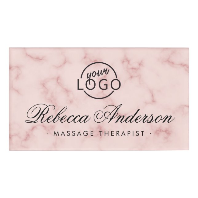 Blush pink marble elegant script custom logo name tag (Front)