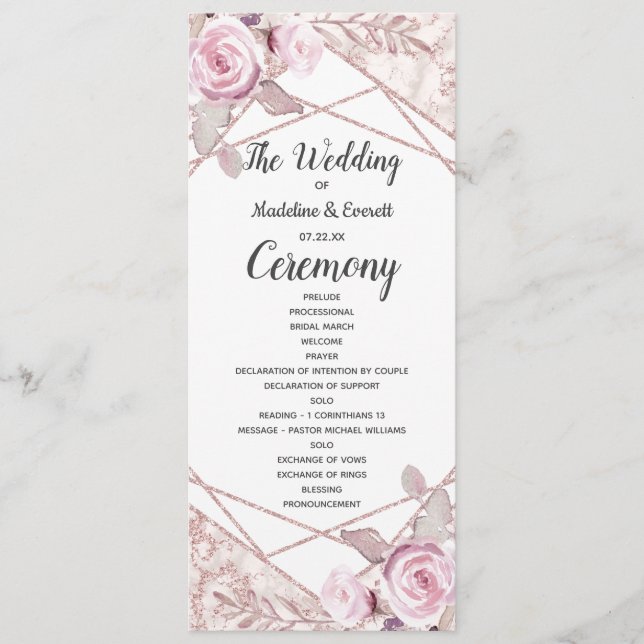 Blush Pink Marble Frame Flora Wedding Program (Front)