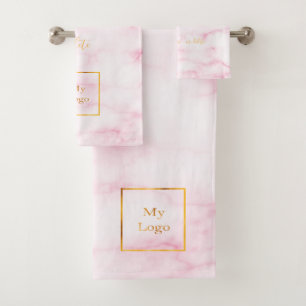 Blush pink marble gold company logo text business bath towel set